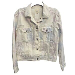 American Eagle White Jean Jacket Button Up Pockets Tie Dye Distressed Sz M